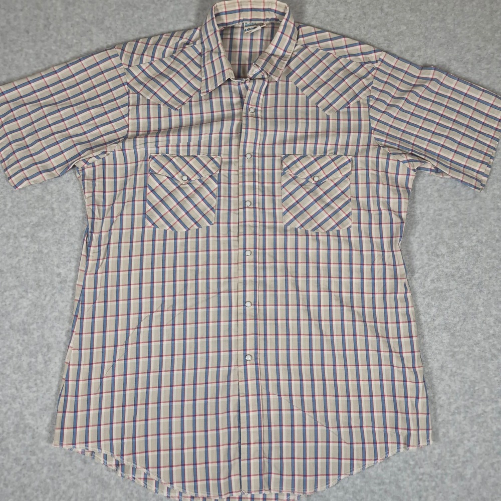 Vintage Saddlebrook Western Shirt Mens L Tan Blue Plaid Pearl Snap Short Sleeve